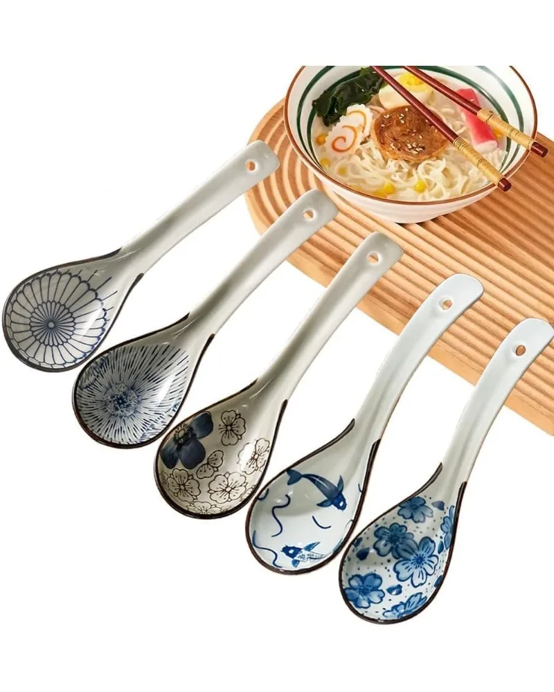 Paquete de 5 cucharas de cerámica para sopa asiática – Diseño ovalado profundo con gancho antideslizante, ideal para ramen, pho y miso (regalo para familiares y amigos)