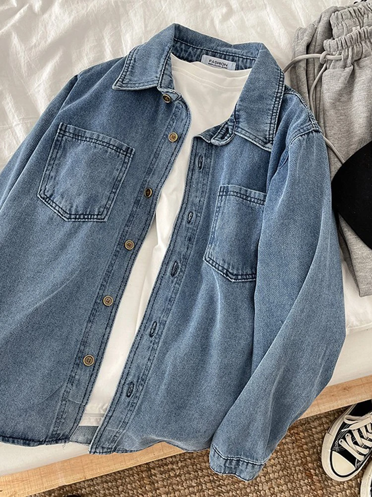 Vintage Denim Blouses Turn Down Collar Single Breasted Loose Cardigans BF Style Simple Long Sleeve Pocket Jean Shirt Tops