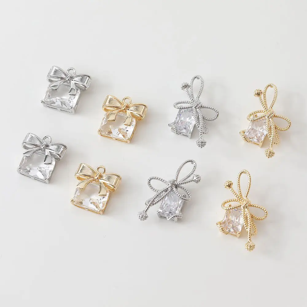 4PCS Delicate Personalized Square Zircon Bow Necklace Pendant Jewelry Making DIY Brass 14k Gold Plated Sisters Gift Accessories