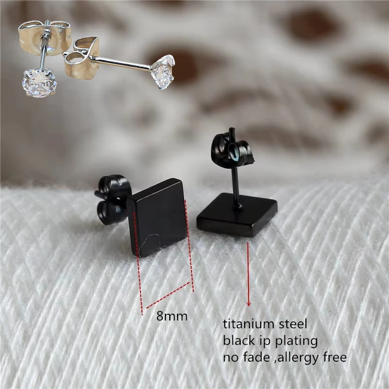 316 Stainless Steel Black Brief 8mm Square Stud Earrings For Men Women Anti-Allergy No Easy Fade