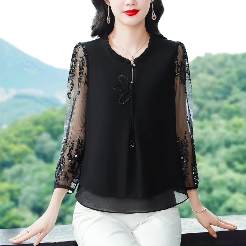 

Модная блузка из шифона с рукавом 3/4, пэчворк, с пайетками, черная, повседневная, весна-лето 2026