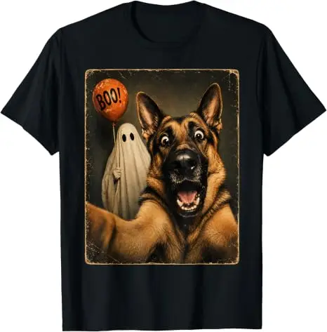 Deutscher Schäferhund Halloween Geister-Selfie Boo Hund Meme Grafik T-Shirt Y2k Gruselige Jahreszeit Hundeselfie Grafik Kleidung für Frauen Männer – Detail 14