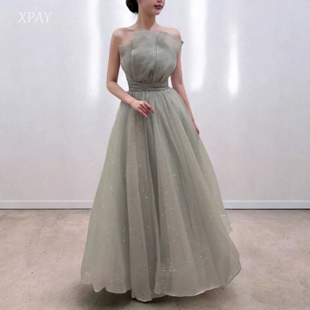 XPAY Brillante volant senza spalline Corea A-Line Abiti da festa Servizio fotografico Cintura Elegante lunghezza pavimento Abiti da sera personalizzati