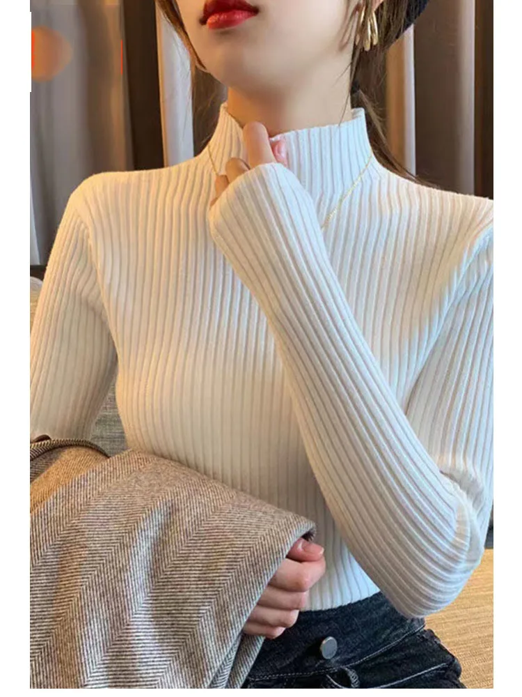 Women's Multi Color Underlay Autumn/Winter Ladies Half High Neck Texture Slim Fit Pullover Fashion Commuter Warm Inner Layer Top