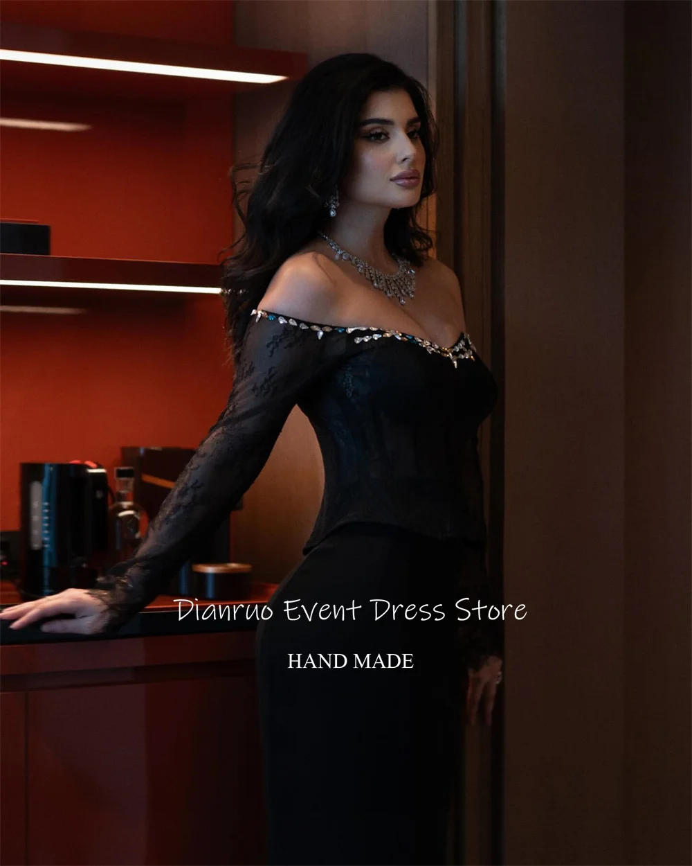 Dianruo Glitter Crystals Mermaid Evening Dress Off Shoulder Formal Vestido Festa Appliques Lace Abiti Da Cerimonia Customized
