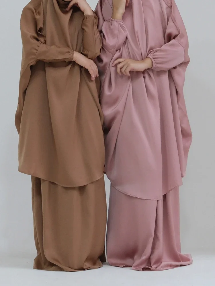 Vestido largo Khimar musulmán Eid para niñas, conjunto de ropa de oración Abaya larga, vestidos de Ramadán, bata Jubha, caftán jilbab, 2 piezas