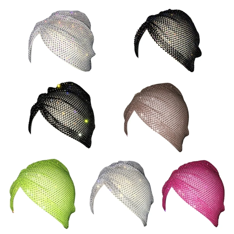 

Fashion Women Crystal Hat Shinning Fishnet Beanie Hiphop Turban Hat Drop shipping