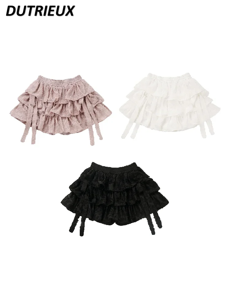 Lace Tassel Bow Sling Decoration Short Skirt Spring Summer Daily Sweet Cute Girls Wild High Waist Culottes A- line Mini Skirts