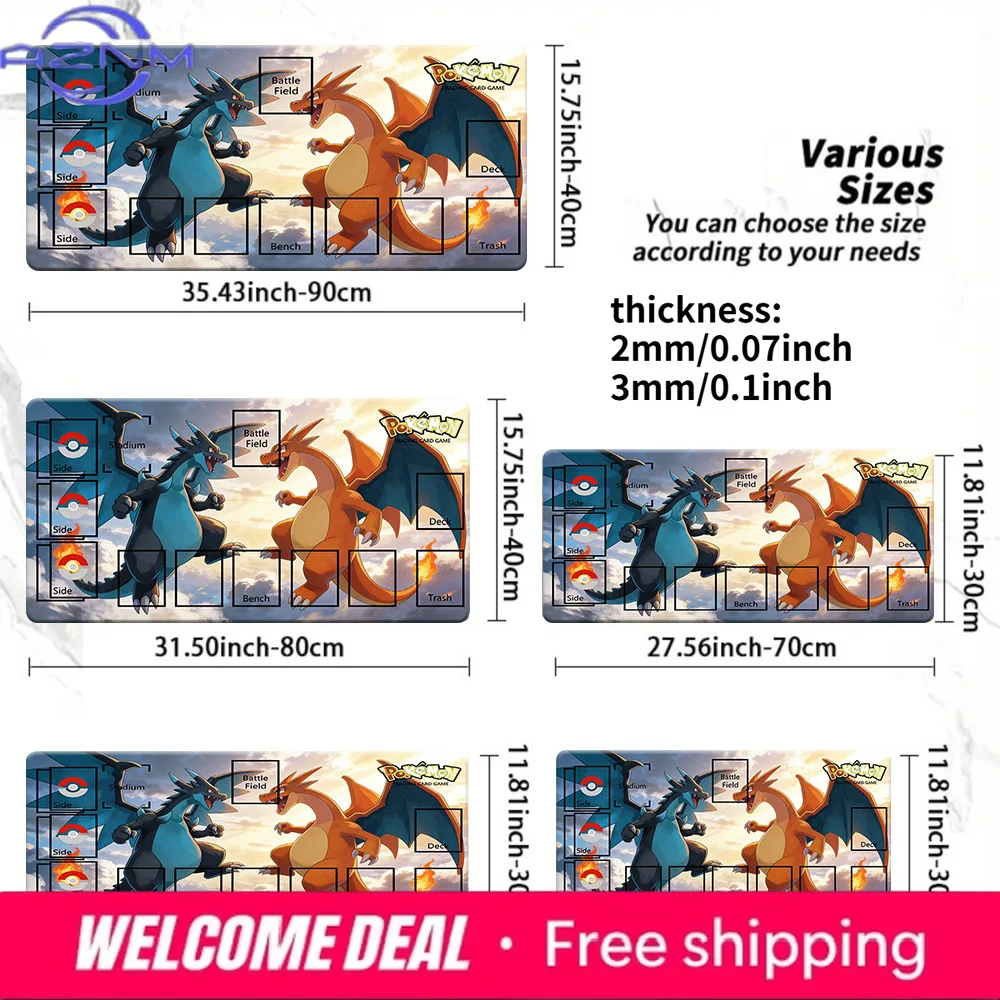 Tapete de Jogo Pokémon Charizard VS Mega Charizard X TCG 2mm/3mm Antiderrapante com Zonas, Vários Tamanhos Disponíveis