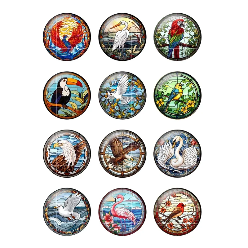 24 Style Fashion Bird Art Paintings 24pcs/lot 12mm/18mm/20mm/25mm Round Photo Glass Cabochon Demo Flat Back Making Findings H334
