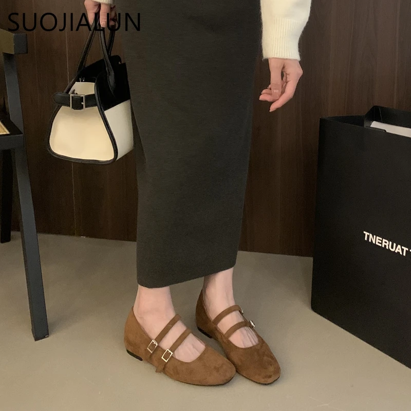 SUOJIALUN 2024 Women Round Toe Flat Shoes Fashion Round Toe Shallow Elegant Mary Jane Shoes Soft Low Wedge Heel Ballerinas Shoes