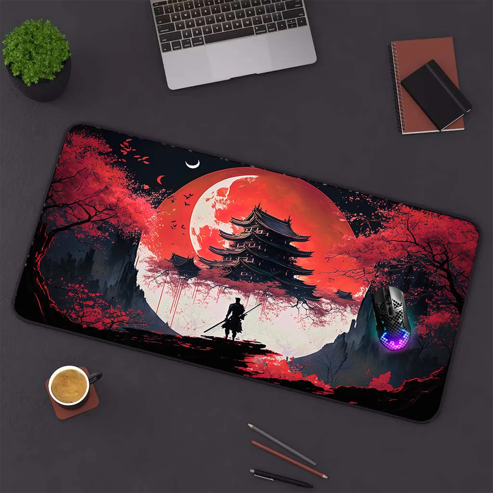 Black Mouse Pad Japanese Style Mousepad Samurai Mouse Mat Landscapes Dropshipping Niches Non-slip Pad Rubber Pads Red 120*60cm