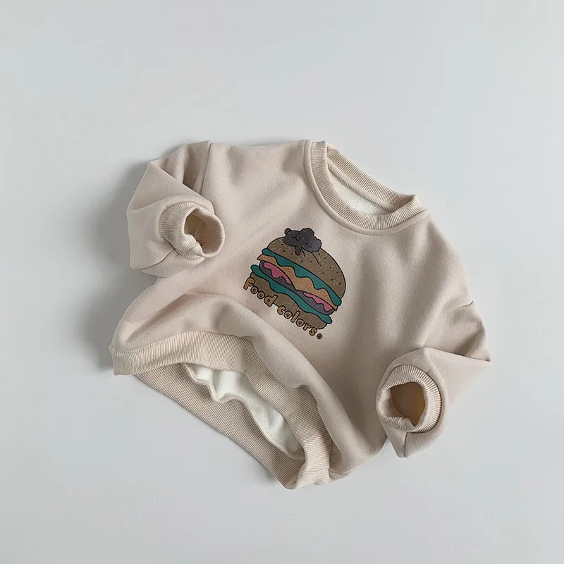 2024 Winter Kids Boys Girls Fleece Lining Sweatshirt Hamburger Print Baby Long Sleeve Warm Pullover Sweater Children Clothes