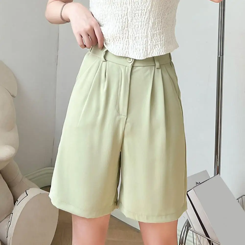 Women\'s Summer Shorts Loose Casual Suit Short Pants Girl Solid Color Pink Sky Blue Knee Length Button High Waisted Shorts 반바지