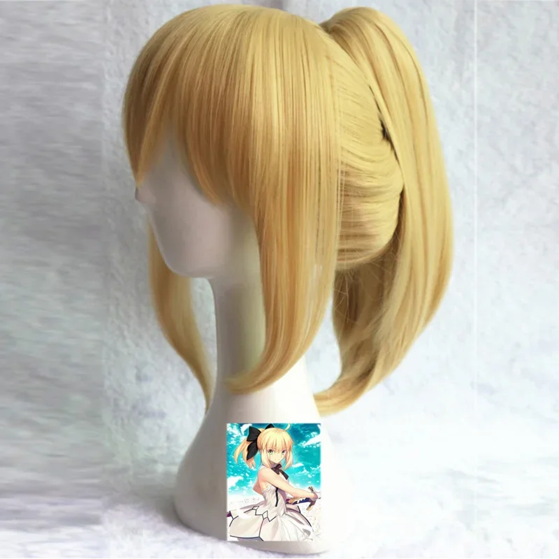 35cm Fate stay night saber lily Cosplay pełna peruka złote syntetyczne peruki do włosów z kucykiem + siatka na włosy