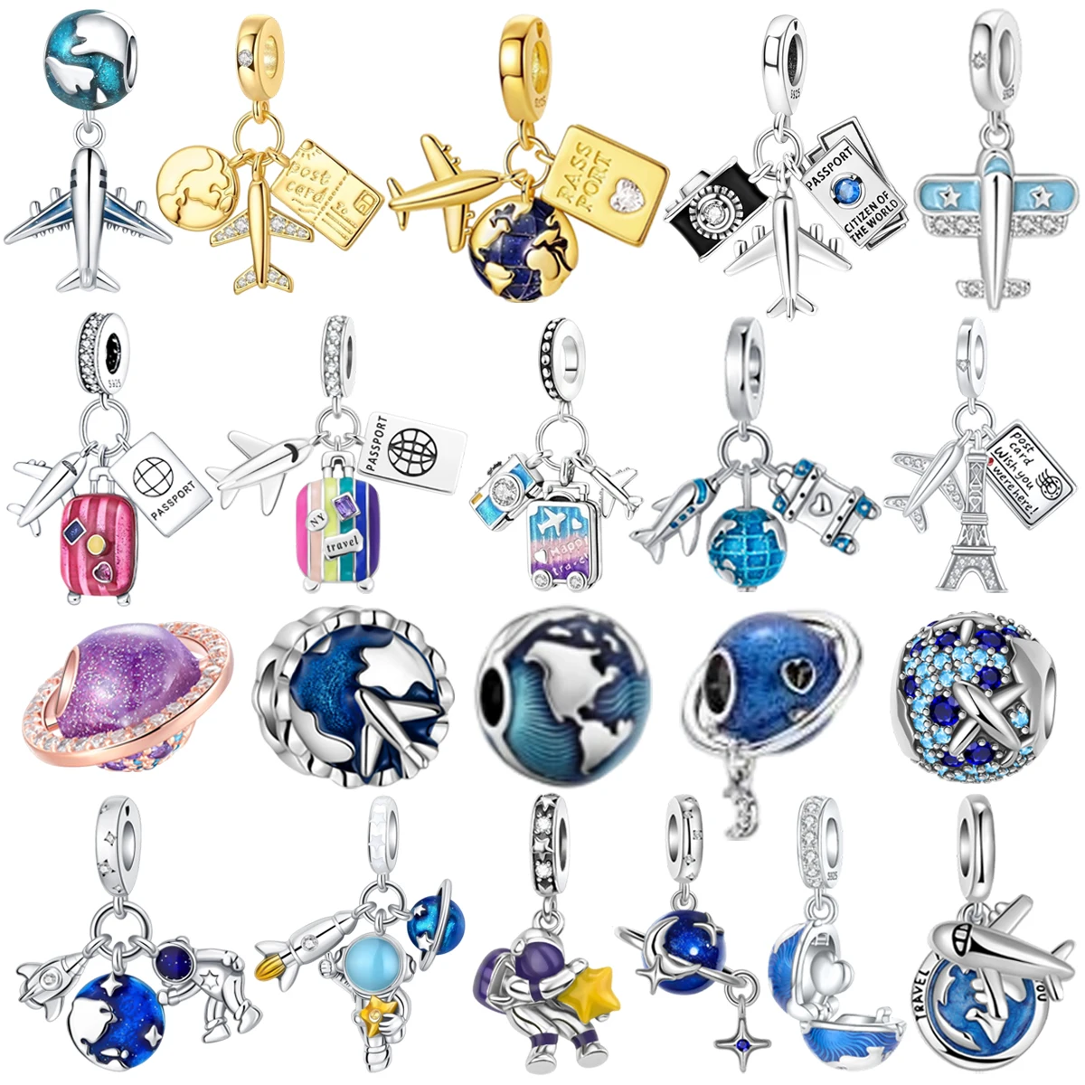 Modische Flugzeug-Reise-Erde-Charms aus 925er-Sterlingsilber, Planet-Astronauten-Ohrringe, Perlen, passend für Original-Armbänder, feiner DIY-Schmuck