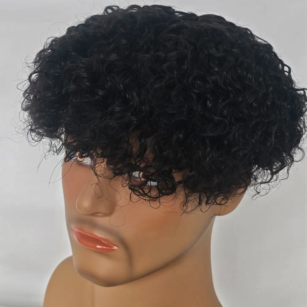 

Men's Toupee Mono Base with Npu Around Curly Human Hair Men Toupee Hair System 1B Color 7X9