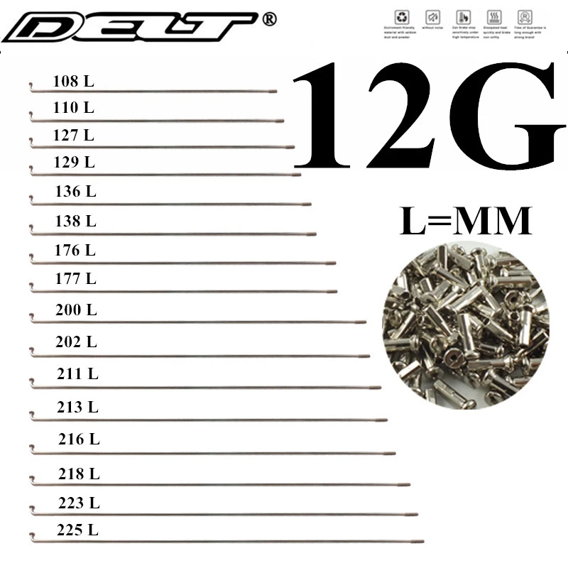 5 Pcs Bicycle Spokes & Nipples 12G(2.55mm) / 108/112/127/136/176/200/202/211/213/225MM 304 Stainless Steel Electric Bike DELT