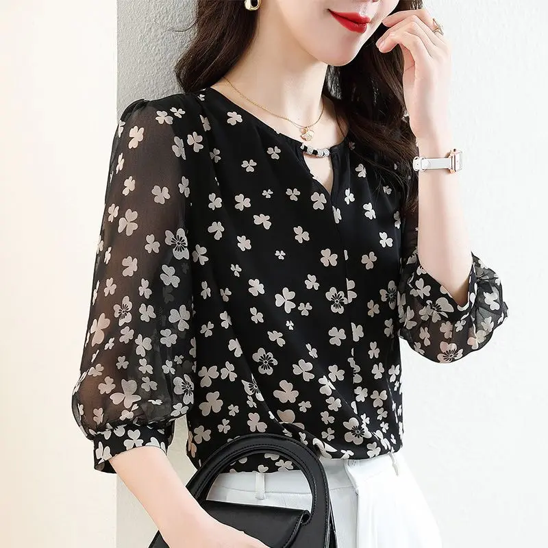 Women\'s Clothing Fashion Casual Printed Half Sleeve Chiffon Blouse Summer New Female Korean All-match Hollow Out Spliced Shirt