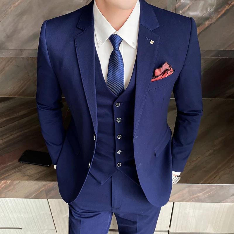 

High-quality men's three-piece suit set, large-sized solid color suit, business and professional attire, wedding fine suit set