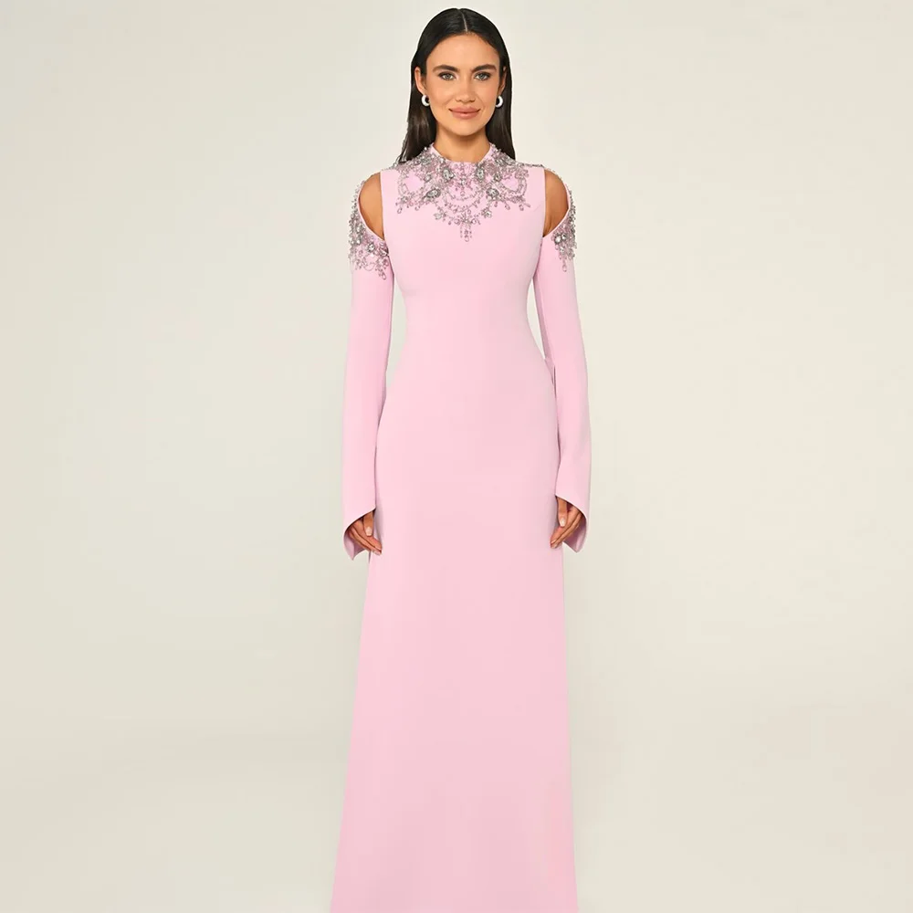 

Индивидуальное вечернее платье из розового трикотажа по индивидуальному заказу, темпераментное вечернее платье с круглым вырезом и длинными рукавами, высокое качество, прямое знаменитости