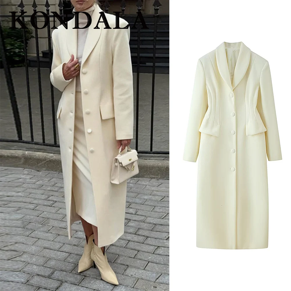 

KONDALA винтажное бежевое уличное пальто 2024, женское пальто, однобортное тонкое длинное пальто, модное элегантное женское шикарное пальто