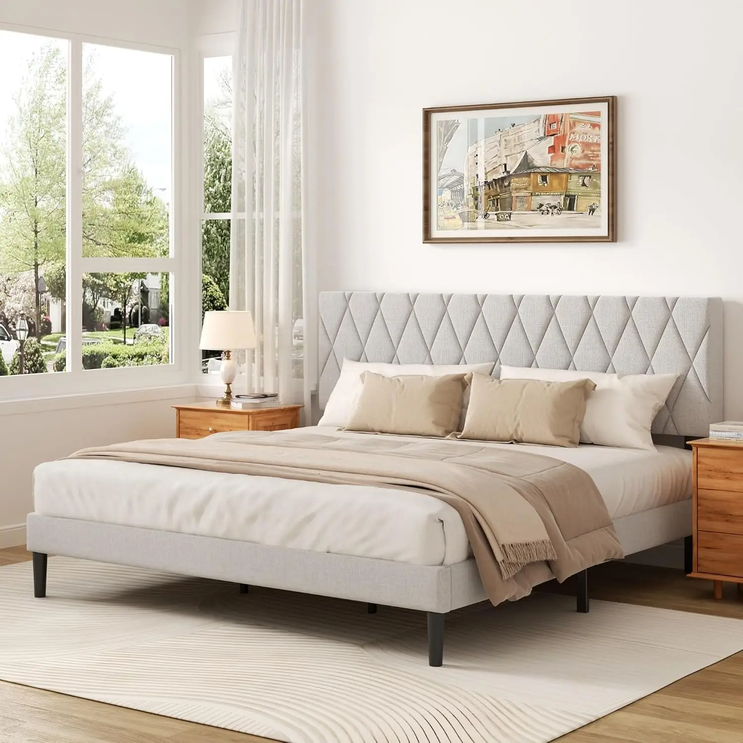 King Size Bed Frame with Diamond Tufted Headboard, Linen Upholstered Platform Bed and Wooden Slat Support, Noise-Free, No Box