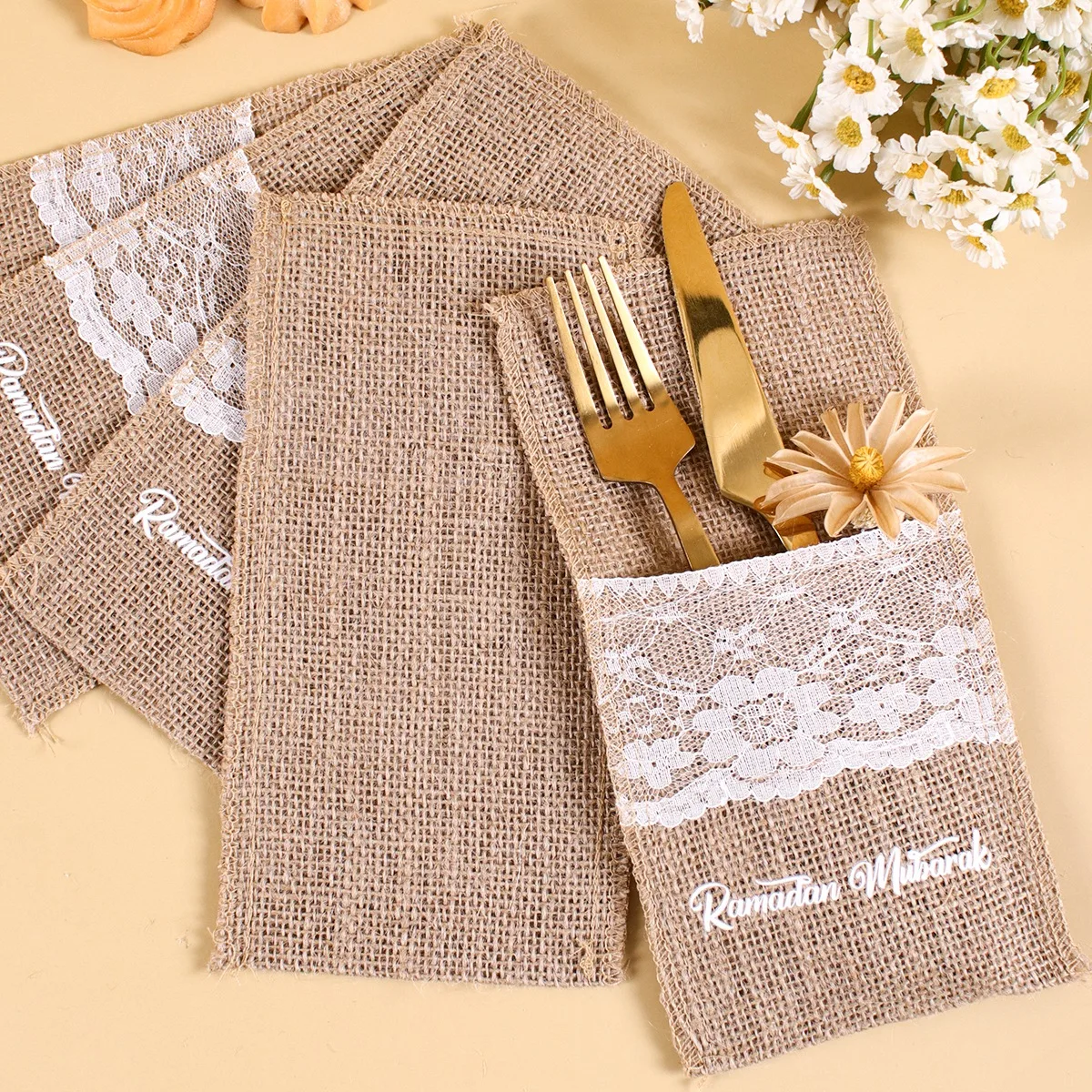 5 قطعة الخيش الدانتيل أدوات المائدة حامل الأكياس حقيبة أدوات المائدة الزفاف لوازم الحفلات هسه ريفي الجوت الجدول اكسسوارات الديكور #5