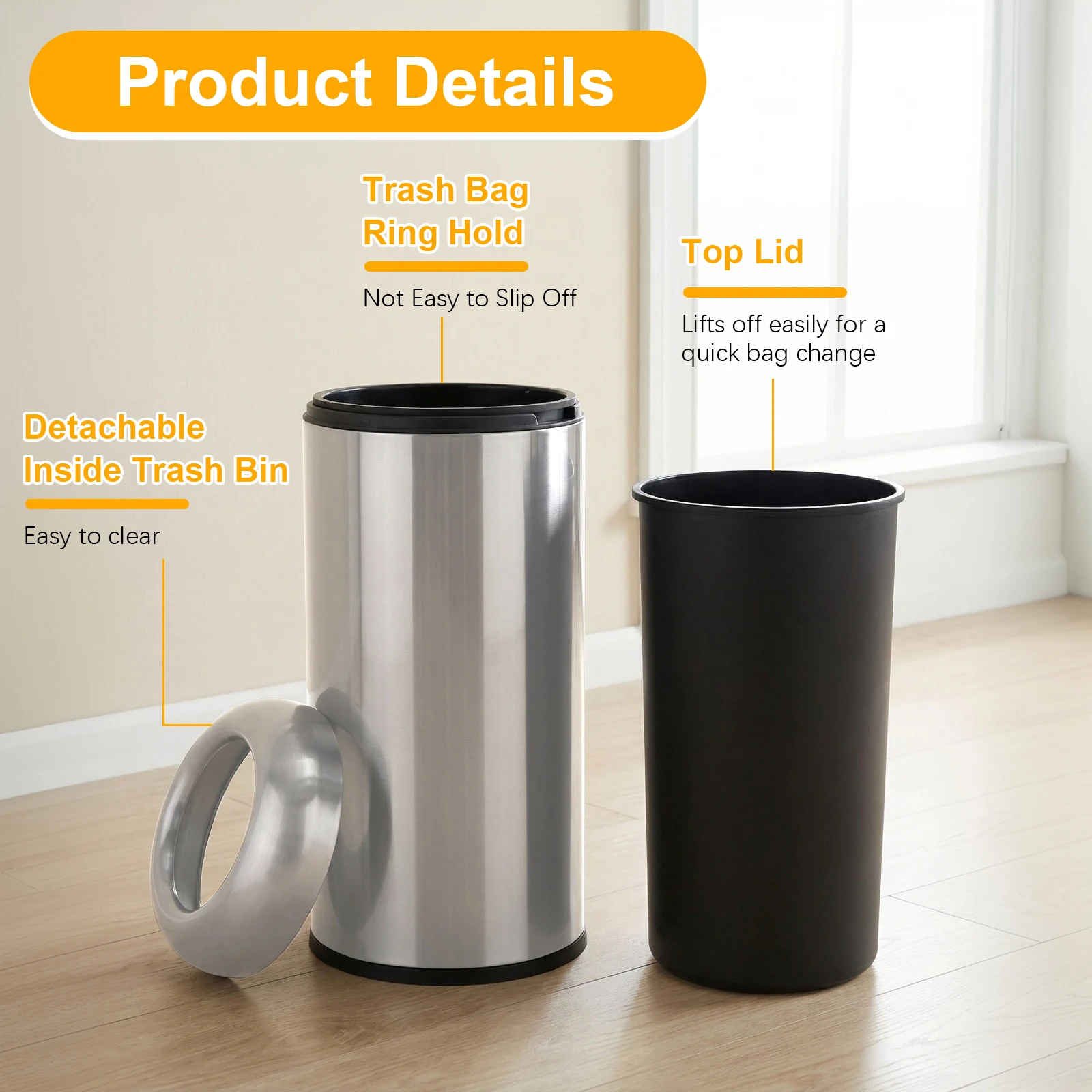 

16 Gallon Industrial Waste Container with Detachable Lid Round Outdoor Trash Bin Wear Resist for Home/Office/Restaurant/Restroom