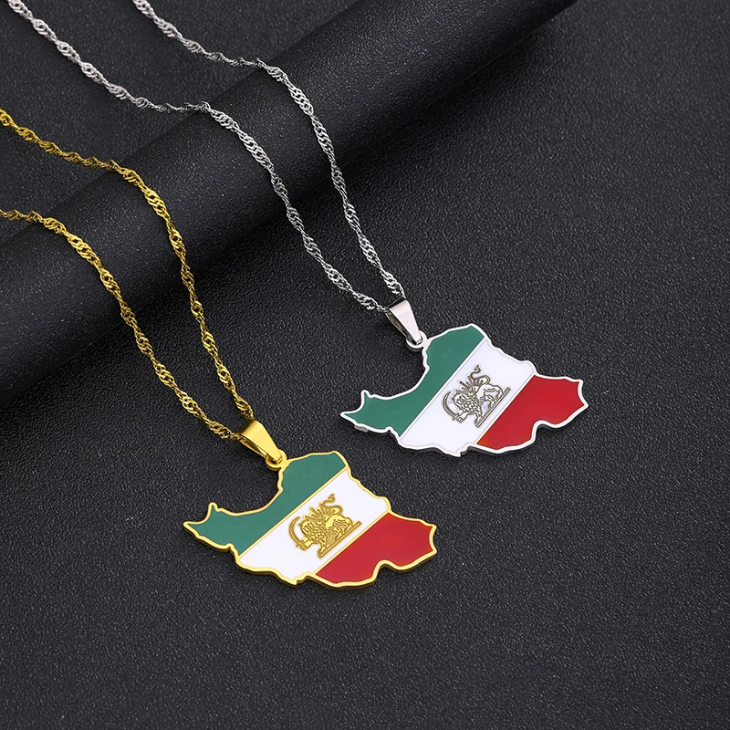 New Enamel Drop Oil Iran Map Flag Pendant Necklaces For Women Iranian Stainless Steel Jewelry Ethnic Party Birthday Gifts