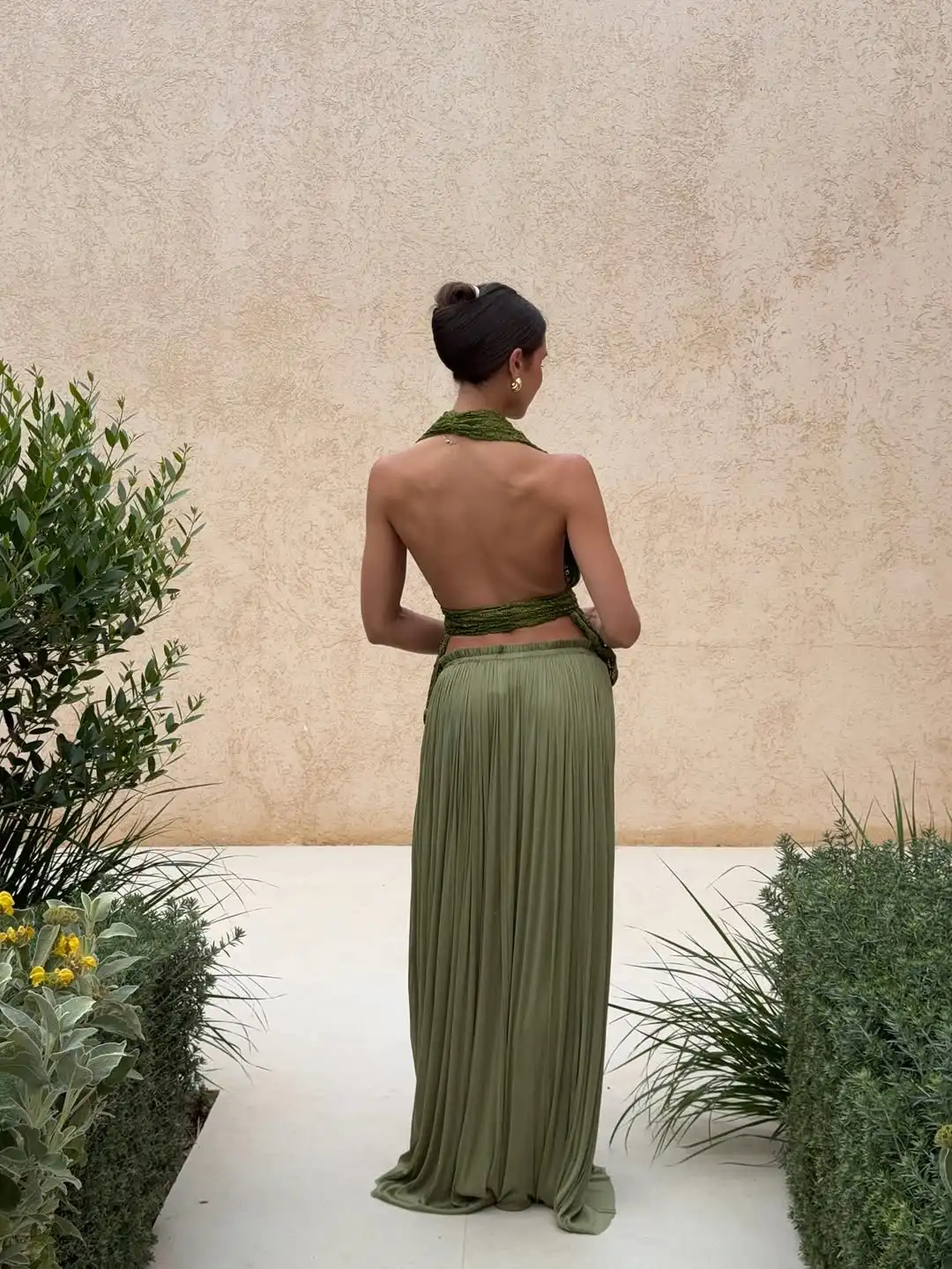 Texturizado renda sem costas assimétrico topo feminino saia conjunto verde profundo decote em v halter topos solto vestido longo 2025 verão outwear