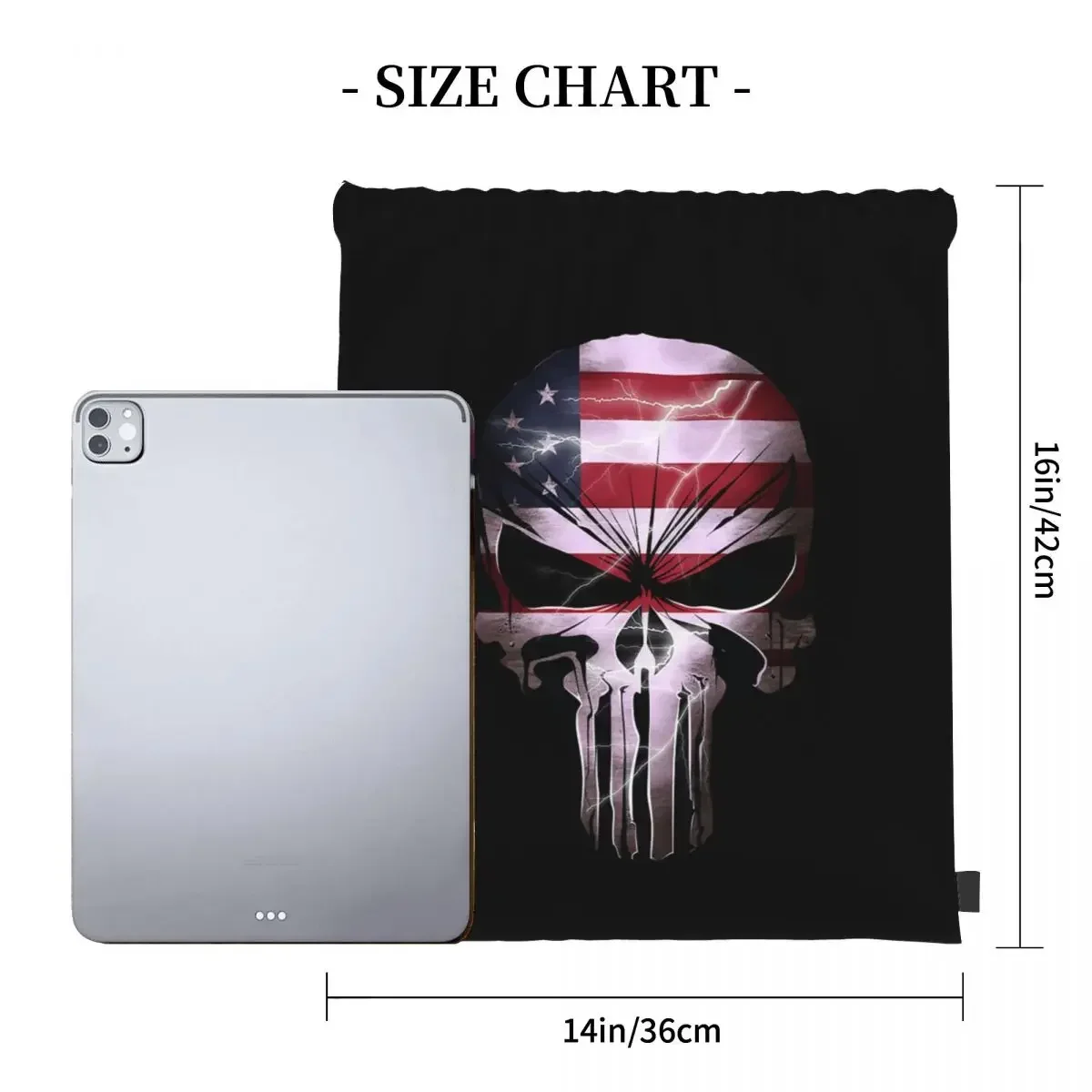 Skull With American Flag And Lightning Backpacks  Drawstring Bags Drawstring Bundle Pocket Sports Bag BookBag For Travel School