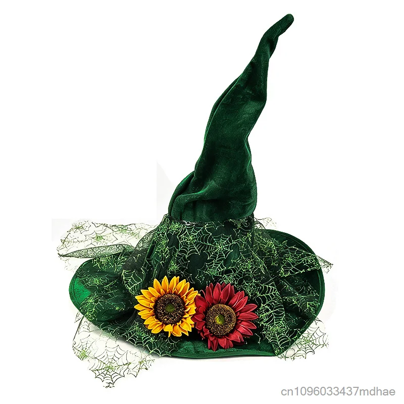 Women Pointed Witch Hat Sunflower Decor Spider Web Mesh Veil Forest Witch Costume Hat Halloween Carnival Cosplay Headwear Props 4