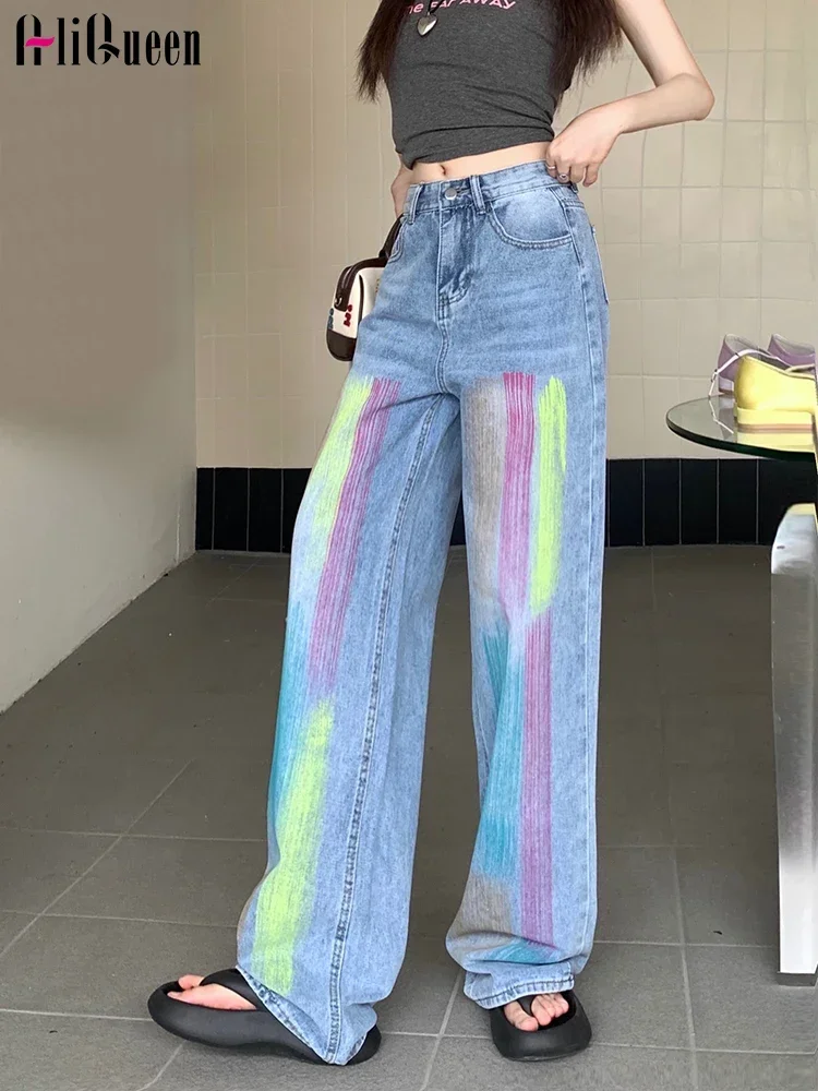 

Summer Women Vintage Blue Rainbow Jeans Streetwear Casual Straight Trousers High Waist Wide Leg Y2k Denim Pants Streetwear