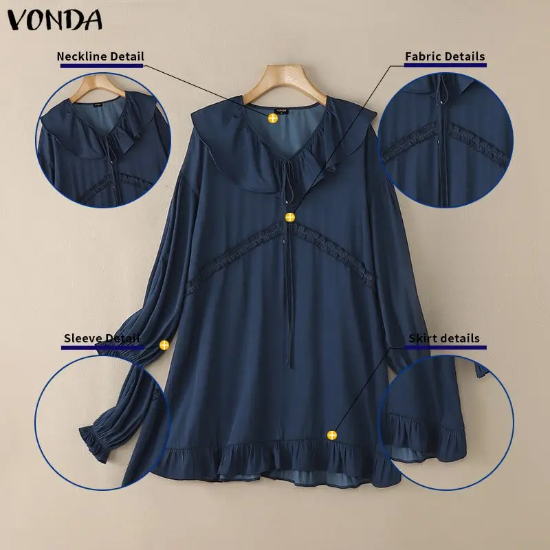 VONDA Fashion Women Ruffled Mini Dresses Long Sleeve Solid Party Sundress Spring V-Neck Casual Loose Bandage Streetwear Robe
