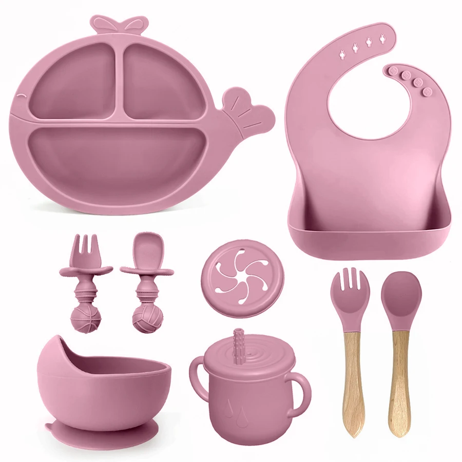 8Pcs Silicone Children's Tableware  Infant Solid Color Baby Feeding Set Newborn Bib Toddler Dishes Plate Sucker Bowl Mini Spoon