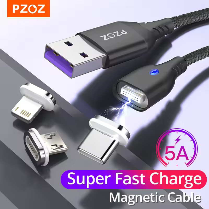 Магнитный кабель PZOZ 5A Type C для сверхбыстрой зарядки, кабель Micro USB, магнитное зарядное устройство USB C для iPhone, Huawei, Xiaomi.