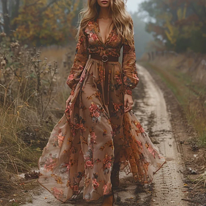 Etniczny retro kwiatowy nadruk Plisowana długa sukienka Wiosna Seksowny kołnierzyk koszuli Guziki Kobiety Sukienka imprezowa Jesień Długi rękaw Bohe Maxi Dress