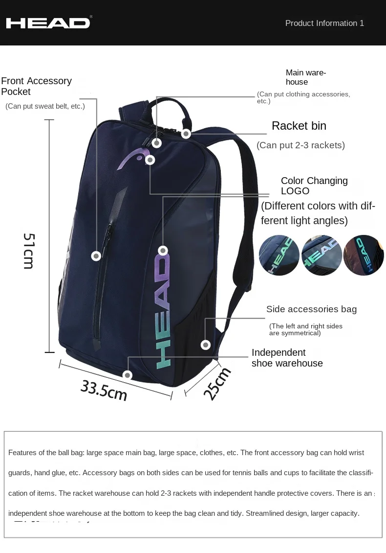 25L Original HEAD Tour Series Tennis Bag Backpack Large Capacity Sport Bag Tennis Racket Tenis Raqueteira Padel Bag Racquet Bag