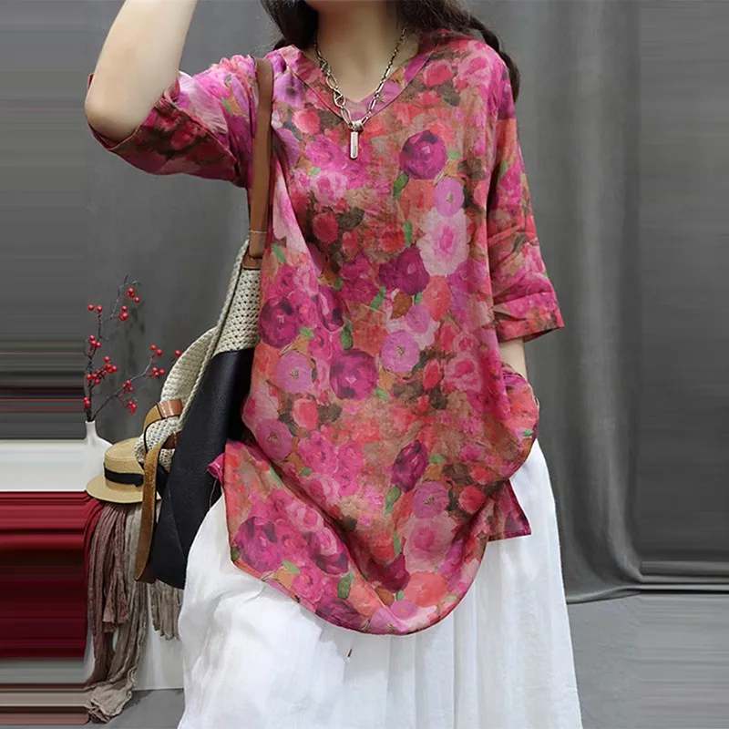 Women Summer Long T-shirts New Arrival 2024 Vintage Style V-neck Floral Print Loose Female Hlaf Sleeve Casual Tops Tees B3869