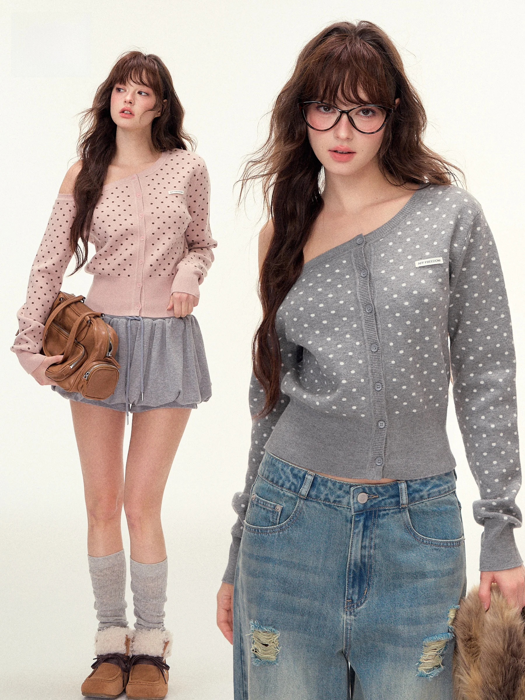 

Zhaozhao FFREEDOM Polka Dot Knitted Cardigan Women's Slim Fit Long Sve Early Autumn Double Color Soft Acrylic Sweater