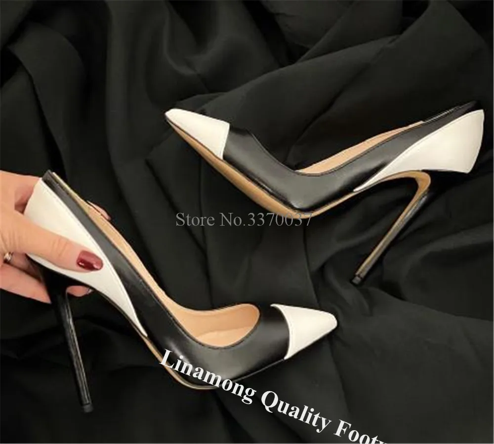 Linamong Newest Patchwork Leather Stiletto Heel Pumps Pointed Toe Beige-black Black-white Thin Heel Slip-on 10cm 12cm High Heels