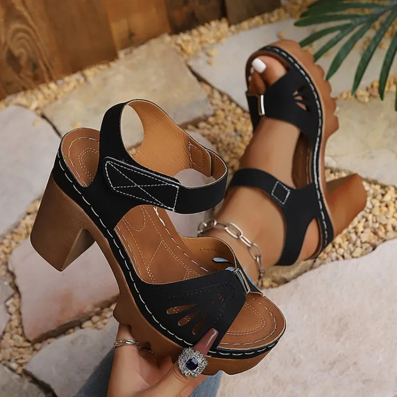 Women's Sandals High Heel Platform Block Heel Open Toe Cutout Contrast Stitching Ankle Strap Everyday Outdoor Walking Footwear