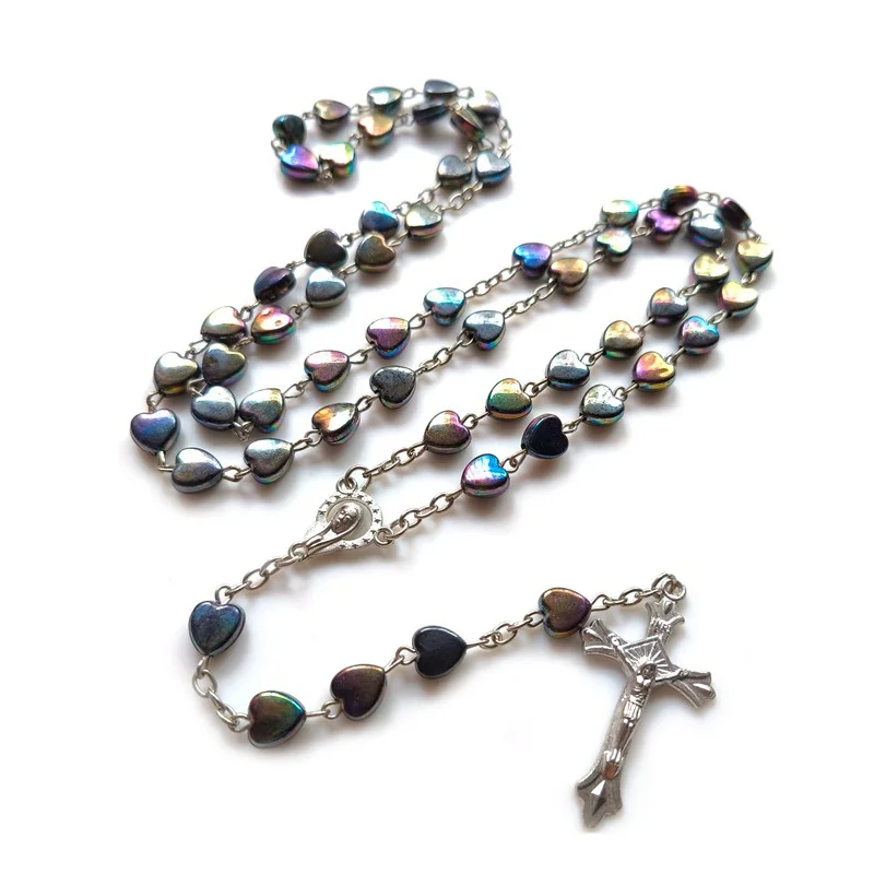 QIGO Vintage Rosary Necklace Acrylic Heart Beads Strand Long Cross Pendant Religious Prayer Jewelry