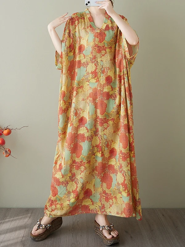 Vestido de Aodão e Linho até o Joelho, Decote em V, Estampado, Solto, Manga Curta, Vestido de Verão em Forma de H para Uso ...