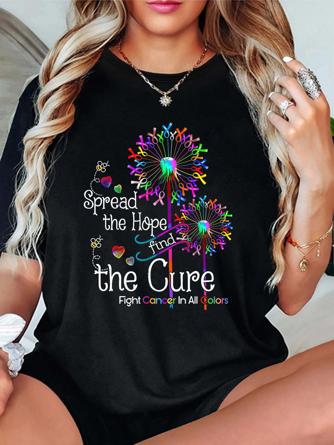 Women'S Dandelion CURE Graphic Tee - Casual Round Neck Short Sleeve Top, Stretchy Polyester Blend, Machine Washable