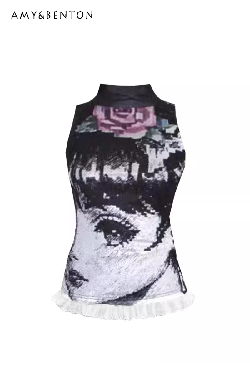 

Summer Japanese Millennial Subculture Women's Black Character Print Lace Splicing Slim-fitting Short Sleeveless Top