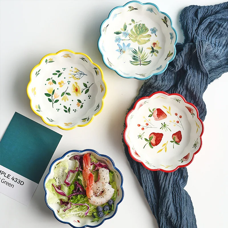 

Bowl Japanese Cutlery Creative Lace Personality Ceramic Fruit Salad Printed Rice Bowl High Appearance Level