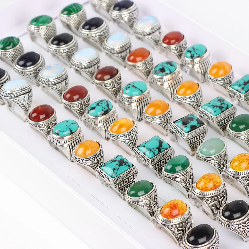 20Pcs/Lot Fashion Vintage Antique Natural Stone Rings Jewelry Gifts For Women Men Wedding Birthday Party