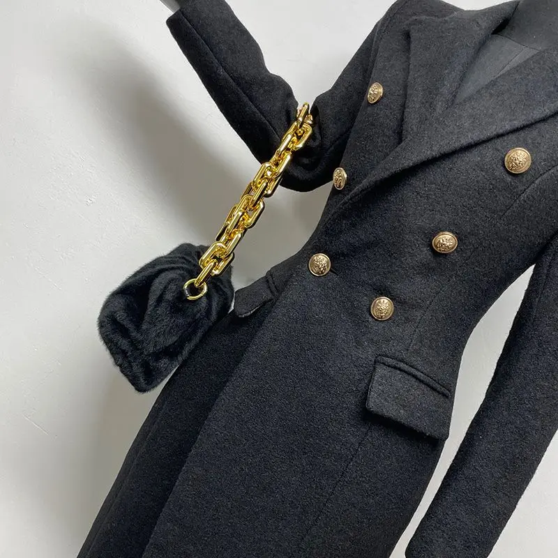 Women's Black Long Wool Coat Autumn Winter Tweed Jacket New High-end Lapel Double-Breasted Elegant Fitted Long Outerwear